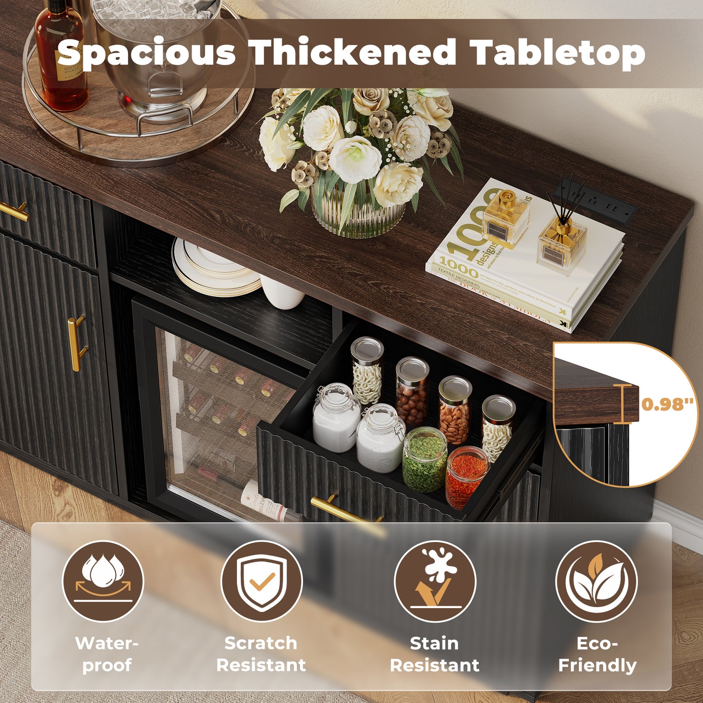 Biemlerfn 55" Coffee Bar Cabinet with Mini Fridge Space, Sideboard Buffet Table & Liquor Cabinet with Power Outlet, Kitchen Hutch with Wine Glass Holder