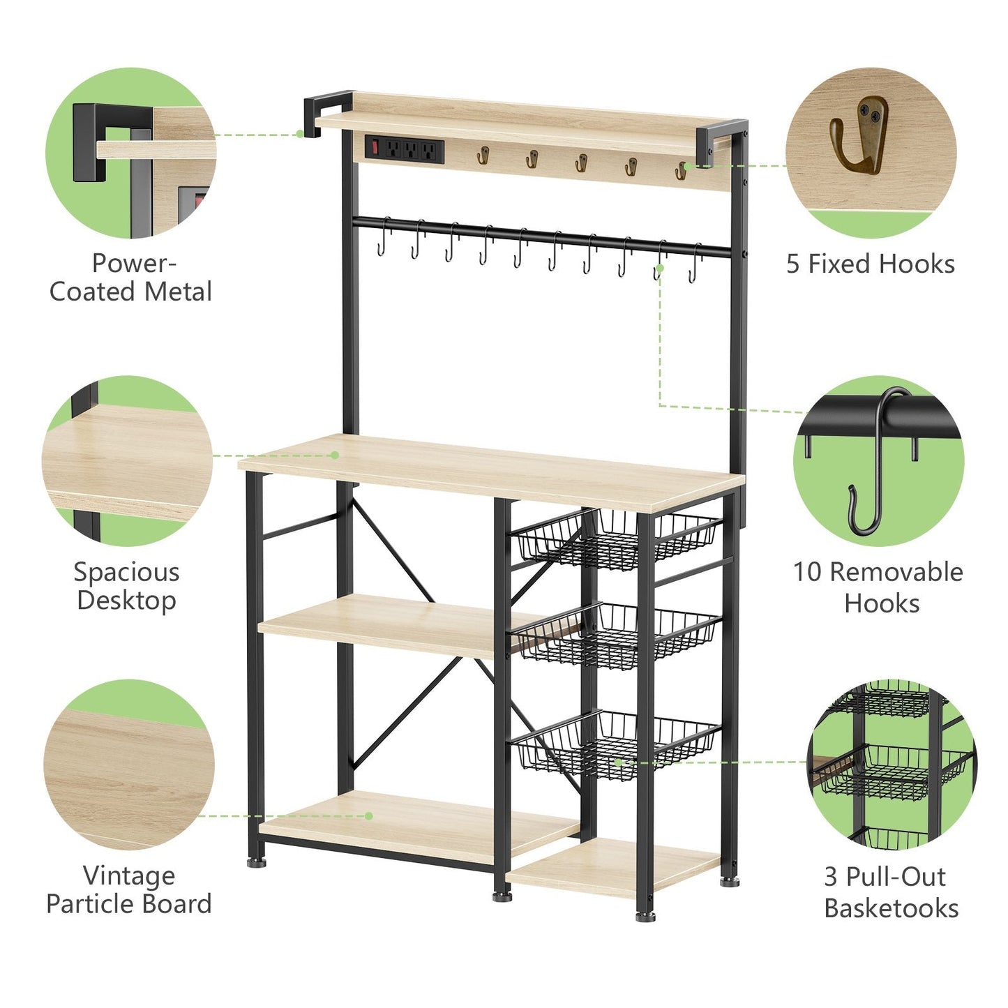 Biemlerfn 39.8" Wide Large Bakers Rack with Power Outlets, 5 Tiers Coffee Bar Table with 3 Wire Basket