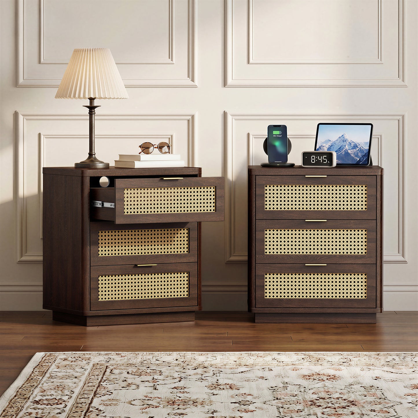Biemlerfn Night Stand with Charging Station, 3 Drawers Bedside Table, Rattan End Table, Wood Dresser Organizer for Bedroom, Living Room