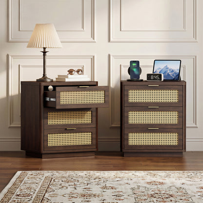 Biemlerfn Night Stand with Charging Station, 3 Drawers Bedside Table, Rattan End Table, Wood Dresser Organizer for Bedroom, Living Room