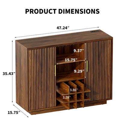 Biemlerfn RGB Wine Bar Cabinet with Built-in Charging Station, Modern Coffee Bar Cabinet with Wine Rack and Glass Holder, Fluted Liquor Cabinet with Storage for Home