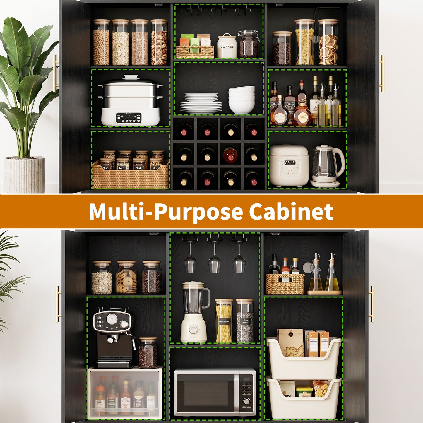 Biemlerfn RGB Wine Bar Cabinet with Built-in Charging Station, Modern Coffee Bar Cabinet with Wine Rack and Glass Holder, Fluted Liquor Cabinet with Storage for Home