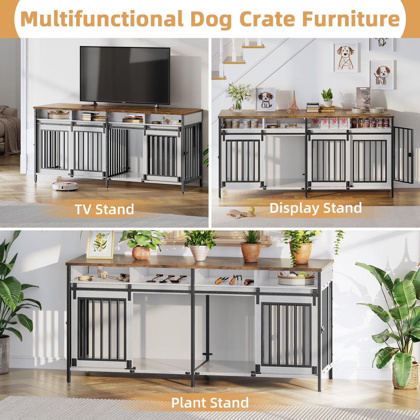 Biemlerfn 78.74'' Double Dog Crate Furniture with Removable Divider and 4 Compartments(White）