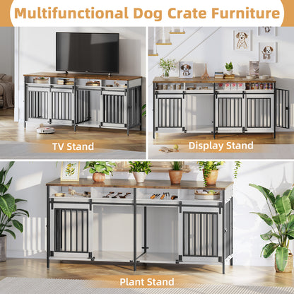 Biemlerfn 78.74'' Double Dog Crate Furniture with Removable Divider and 4 Compartments(White）