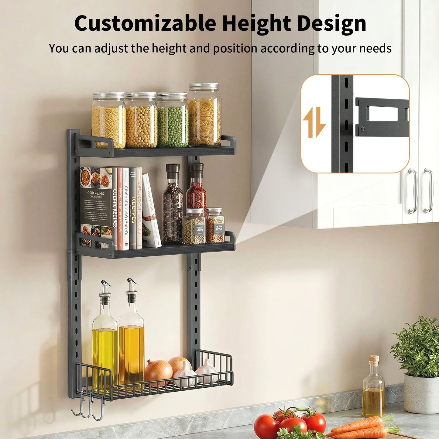 Biemlerfn 3 Tier Bathroom Shelves Over Toilet - Wall Mounted Floating Shelves with Drain Basket, Height Adjustable Over The Toilet Storage，（Black）