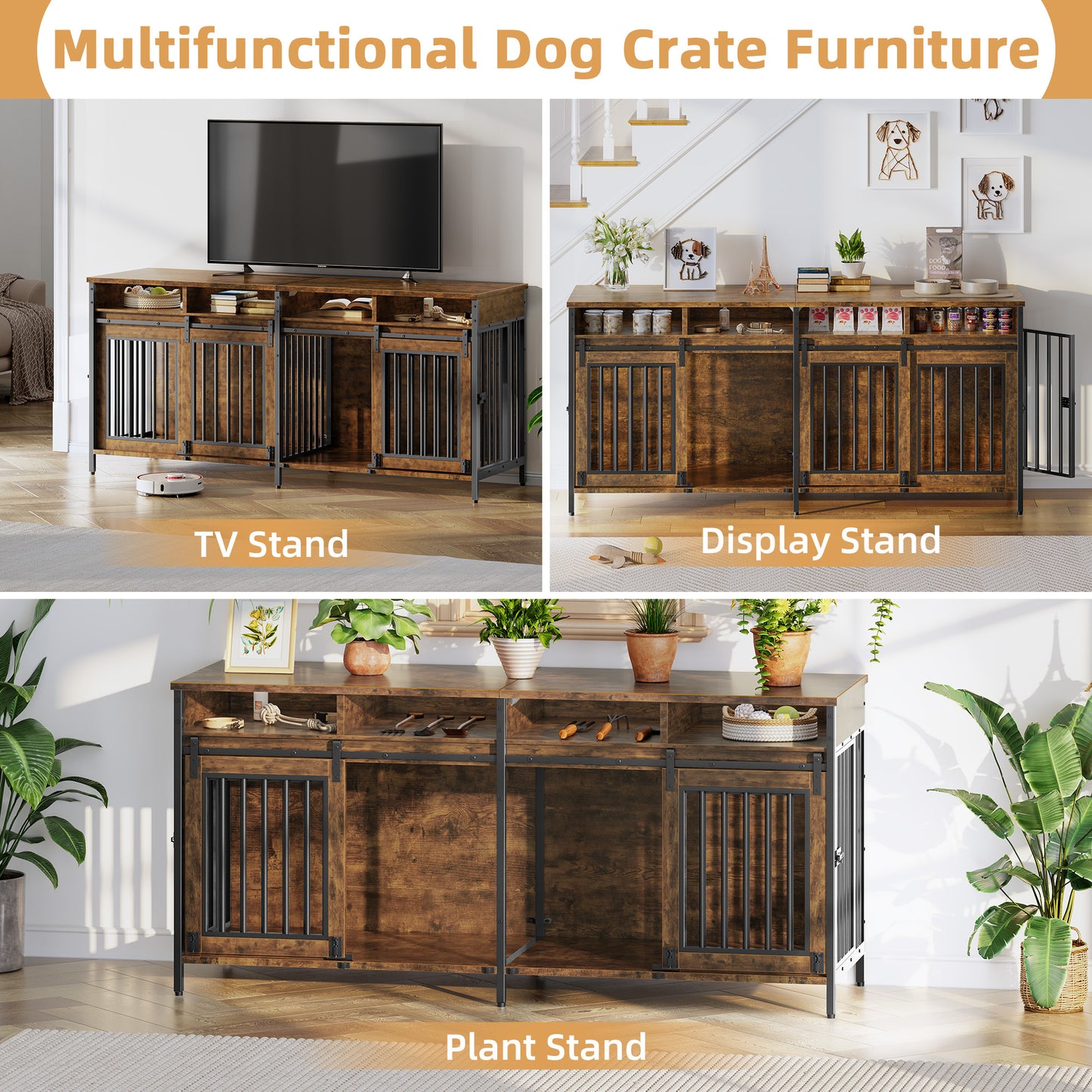 Biemlerfn 78.74'' Double Dog Crate Furniture with Removable Divider and 4 Compartments(Brown)