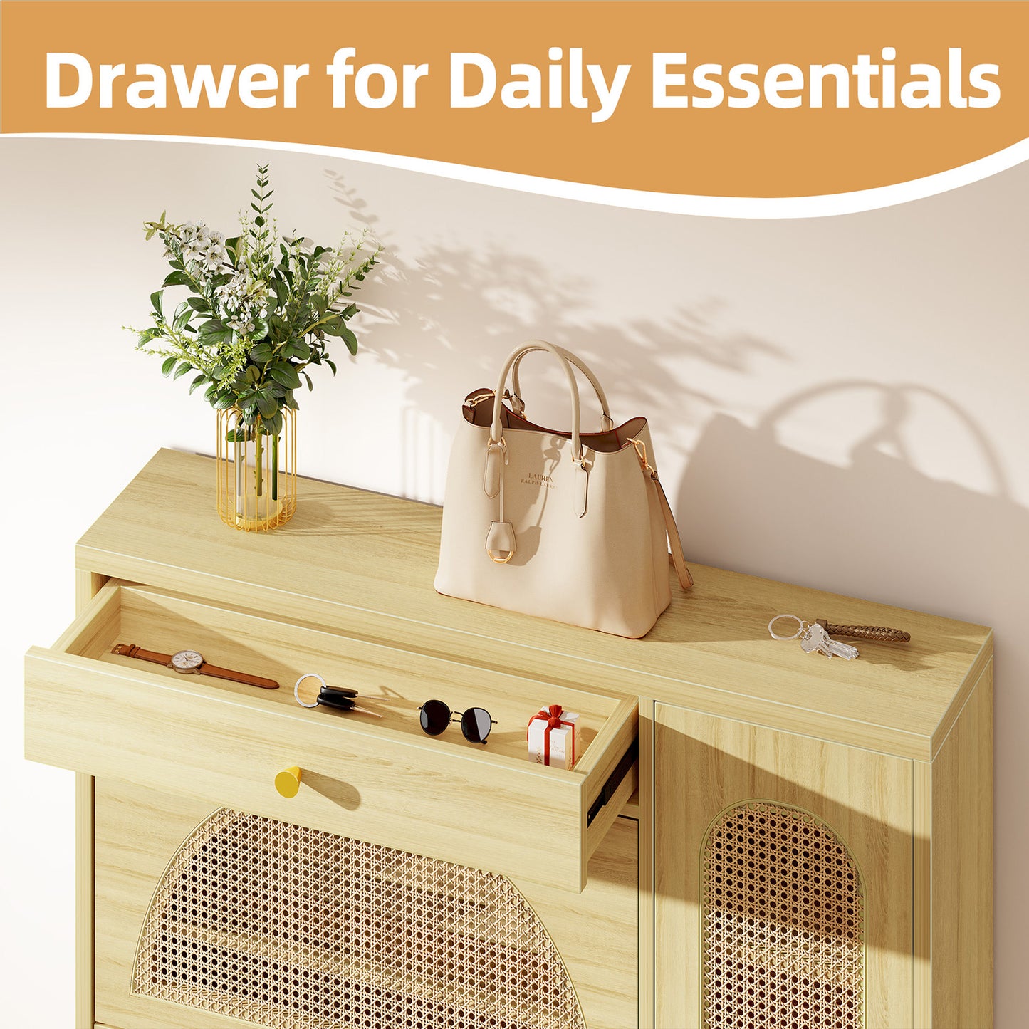 Biemlerfn Shoe Cabinet Storage with 2 Flip Drawers, Free Standing Wooden Shoe Storage Organizer Cabinet with Rattan Doors for Entryway