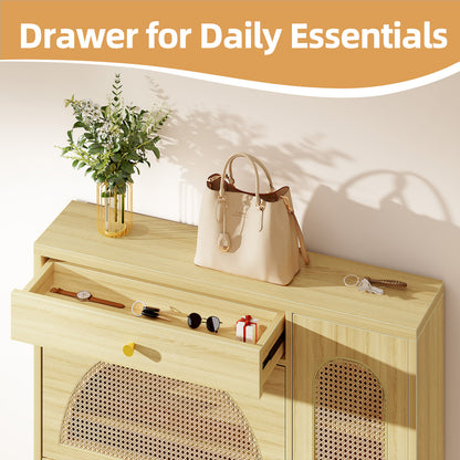 Biemlerfn Shoe Cabinet Storage with 2 Flip Drawers, Free Standing Wooden Shoe Storage Organizer Cabinet with Rattan Doors for Entryway