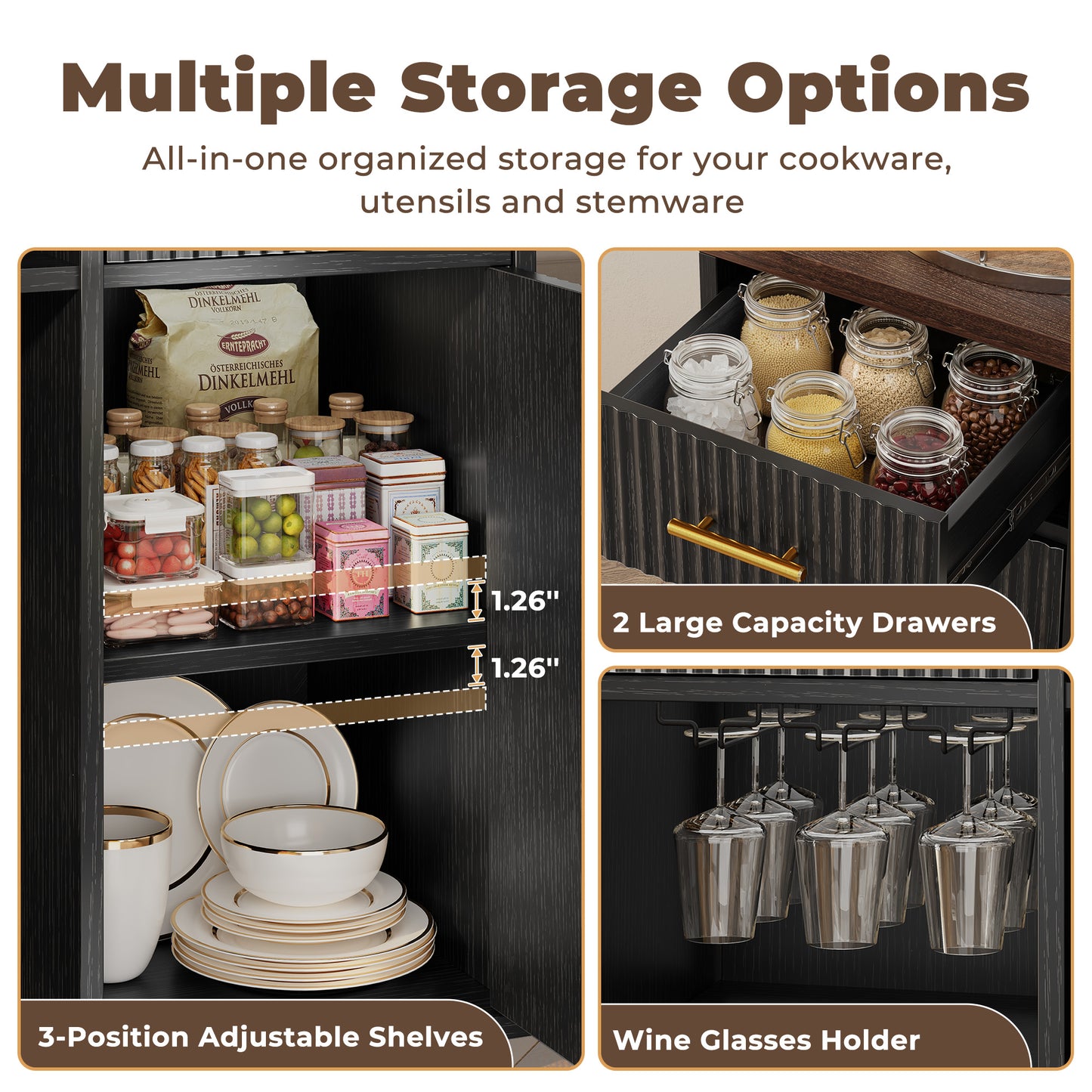 Biemlerfn 55" Coffee Bar Cabinet with Mini Fridge Space, Sideboard Buffet Table & Liquor Cabinet with Power Outlet, Kitchen Hutch with Wine Glass Holder
