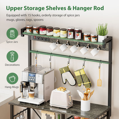 Biemlerfn 39.8" Wide Large Bakers Rack with Power Outlets, 5 Tiers Coffee Bar Table with 3 Wire Basket（Oak Gray）