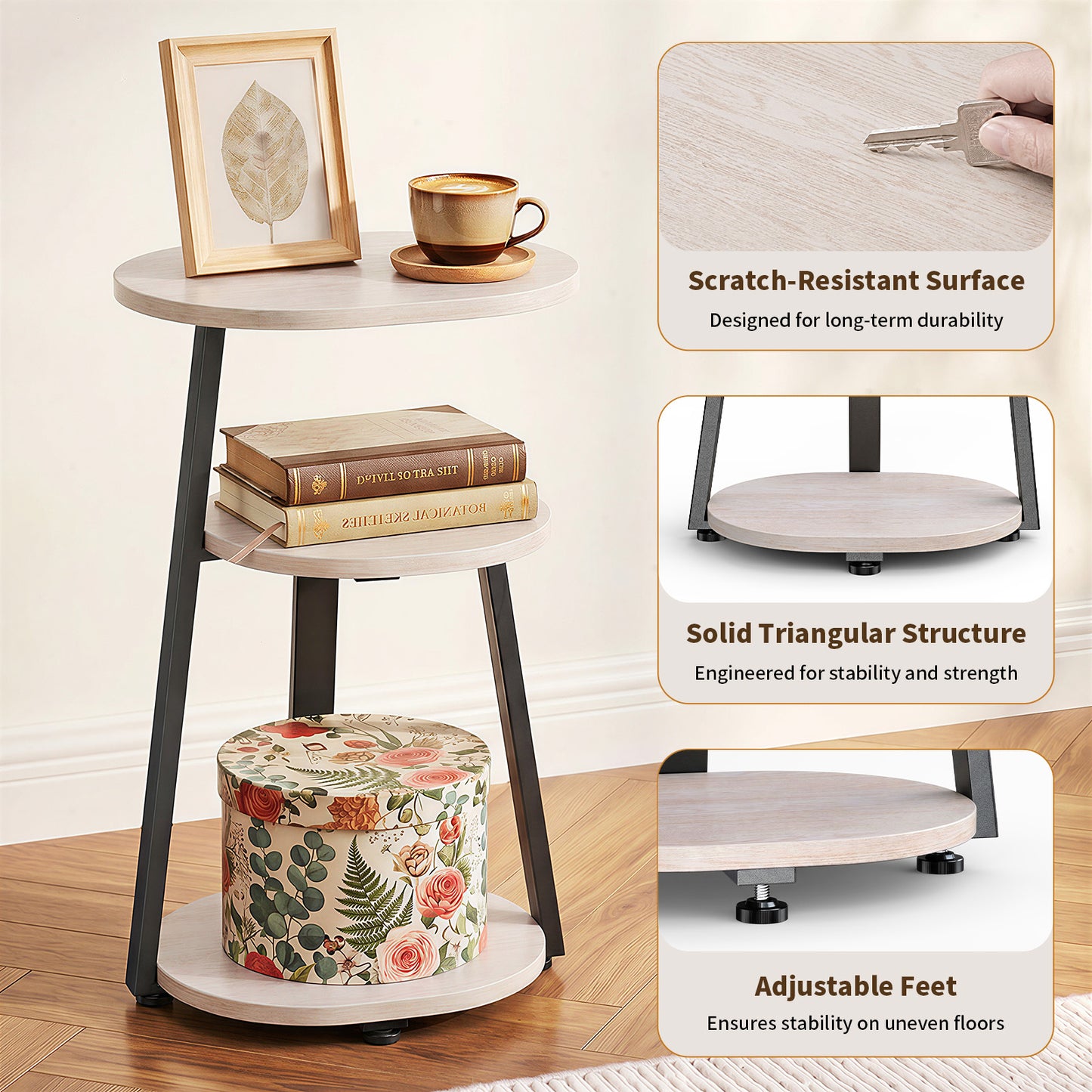 Biemlerfn 3-Tier Side Table, Small Round End Table with Metal Frame, Sofa Table Nightstand for Living Room, Bedroom