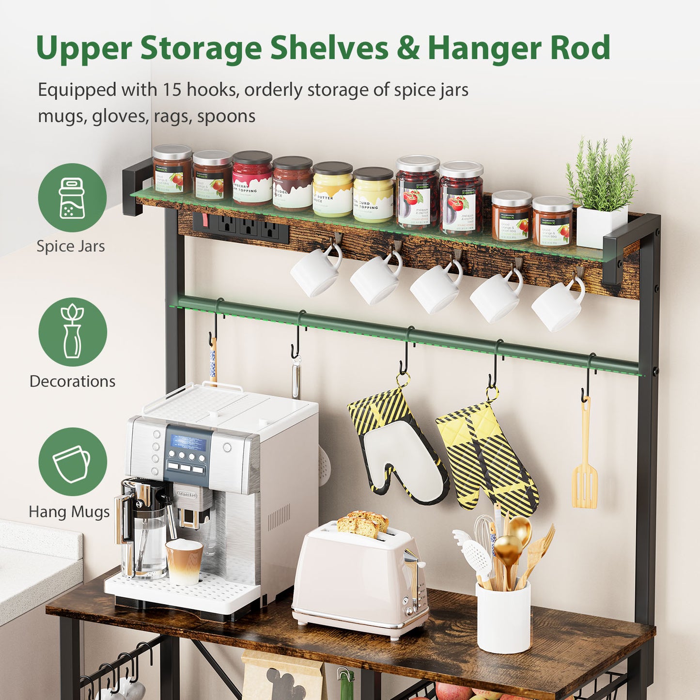 Biemlerfn 39.8" Wide Large Bakers Rack with Power Outlets, 5 Tiers Coffee Bar Table with 3 Wire Basket（Rustic Brown）