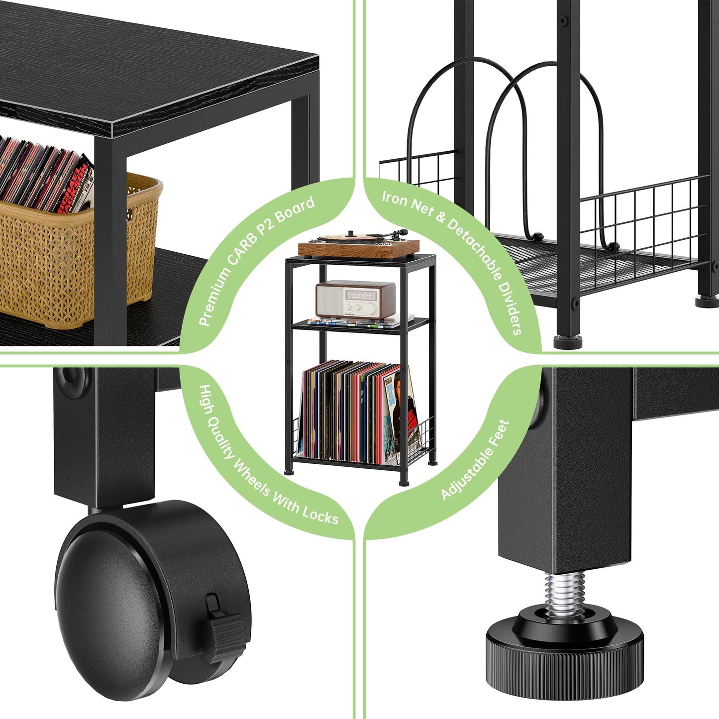 Biemlerfn 3-Tier End Side Table, Movable Record Player Stand with Vinyl Record Storage