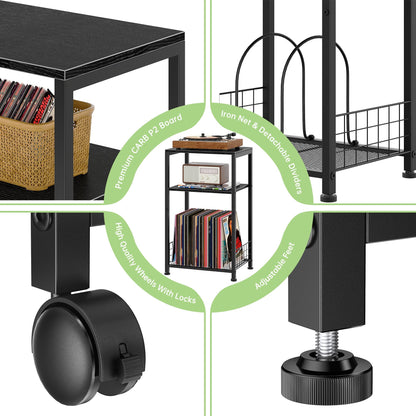 Biemlerfn 3-Tier End Side Table, Movable Record Player Stand with Vinyl Record Storage