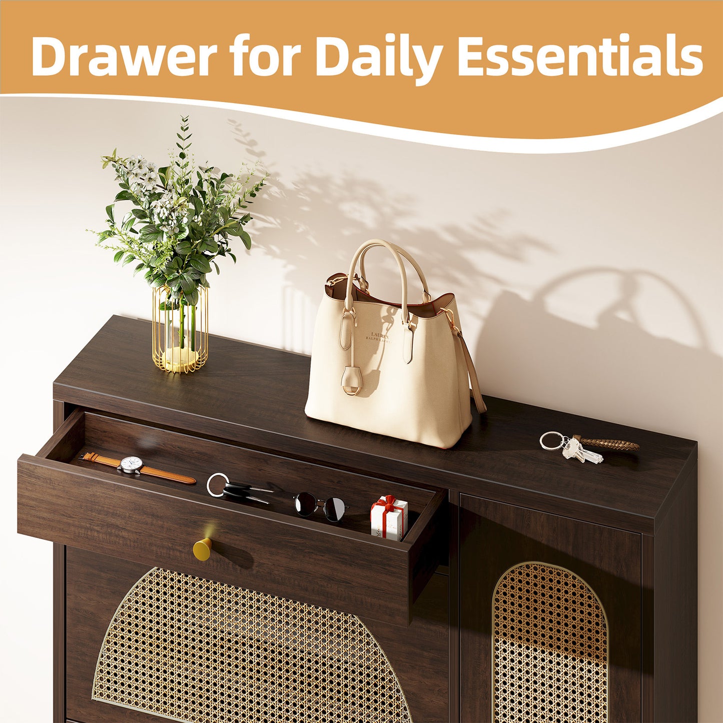 Biemlerfn Shoe Cabinet Storage with 2 Flip Drawers, Free Standing Wooden Shoe Storage Organizer Cabinet with Rattan Doors for Entryway