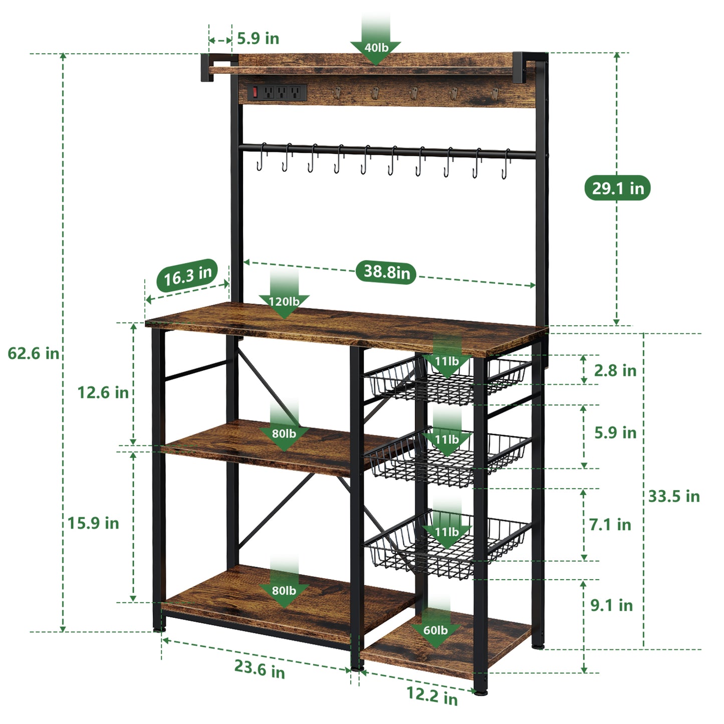 Biemlerfn 39.8" Wide Large Bakers Rack with Power Outlets, 5 Tiers Coffee Bar Table with 3 Wire Basket（Rustic Brown）