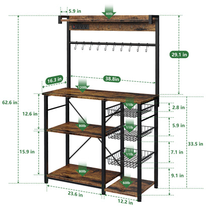 Biemlerfn 39.8" Wide Large Bakers Rack with Power Outlets, 5 Tiers Coffee Bar Table with 3 Wire Basket（Rustic Brown）
