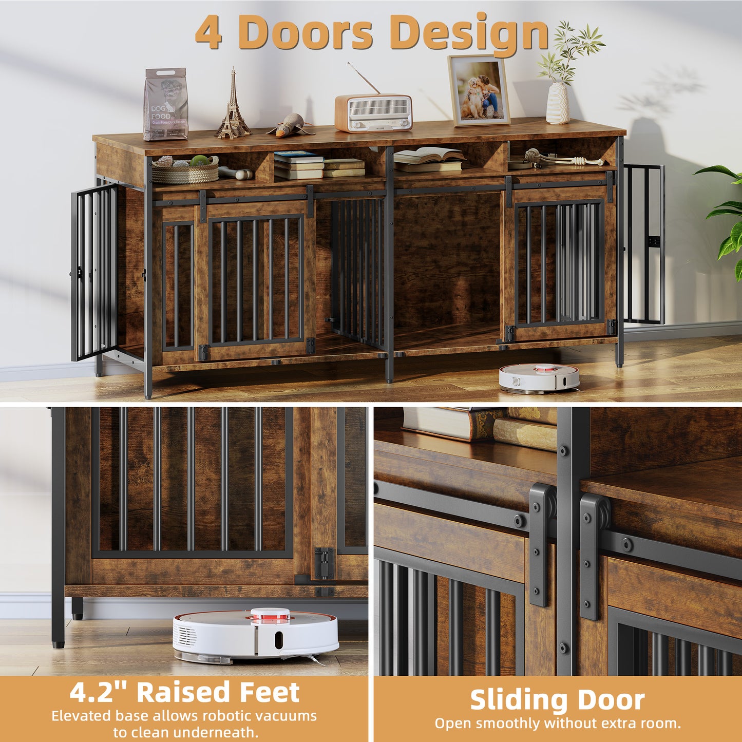 Biemlerfn 78.74'' Double Dog Crate Furniture with Removable Divider and 4 Compartments(Brown)