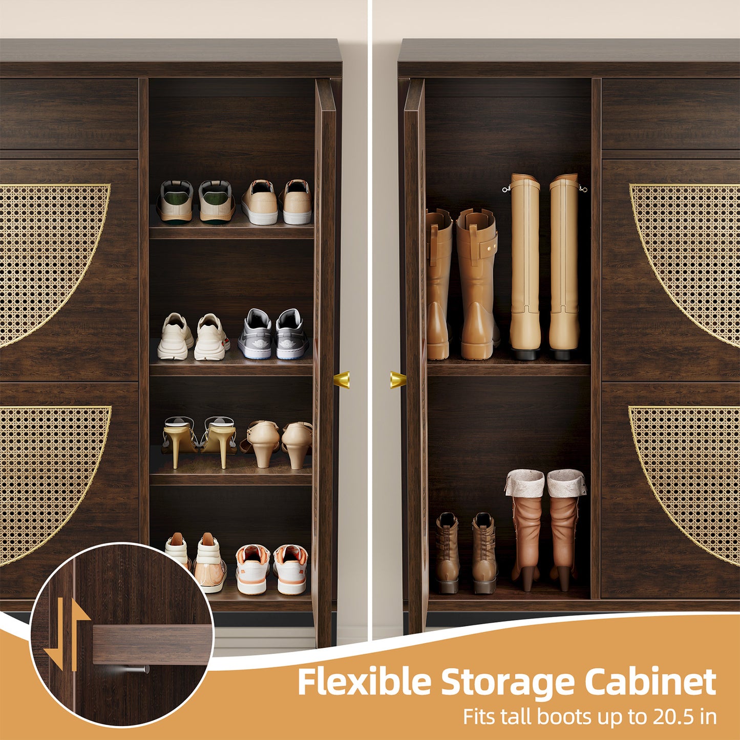 Biemlerfn Shoe Cabinet Storage with 2 Flip Drawers, Free Standing Wooden Shoe Storage Organizer Cabinet with Rattan Doors for Entryway