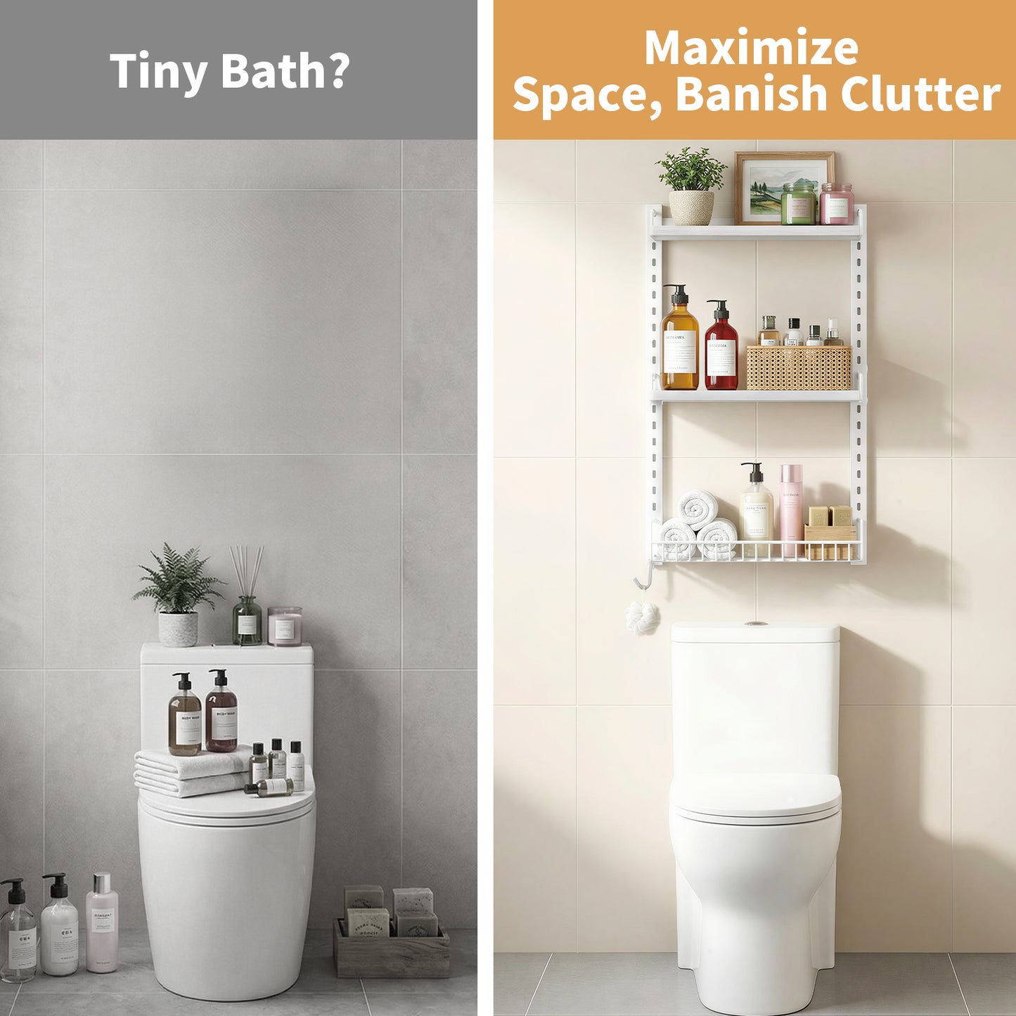 Biemlerfn 3 Tier Bathroom Shelves Over Toilet - Wall Mounted Floating Shelves with Drain Basket, Height Adjustable Over The Toilet Storage（White）
