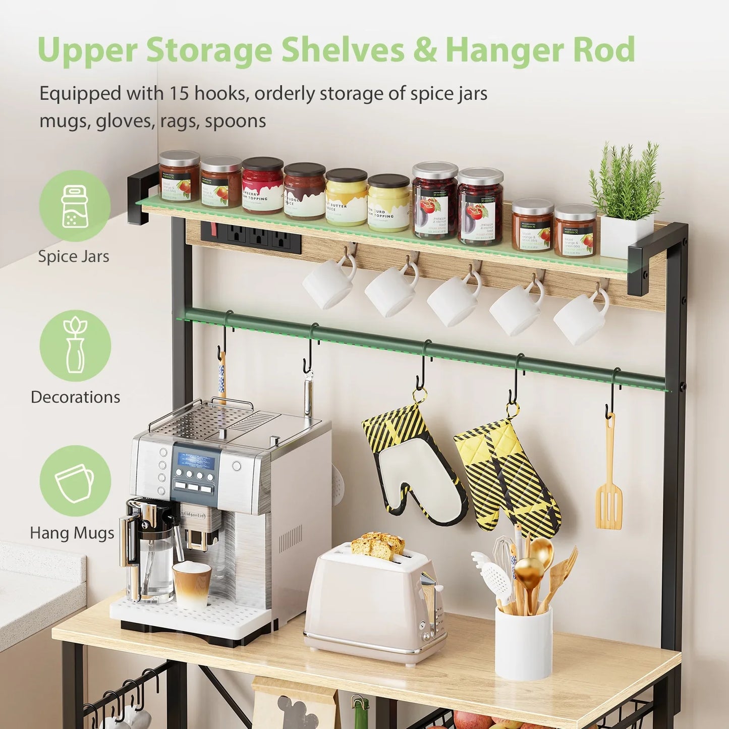 Biemlerfn 39.8" Wide Large Bakers Rack with Power Outlets, 5 Tiers Coffee Bar Table with 3 Wire Basket