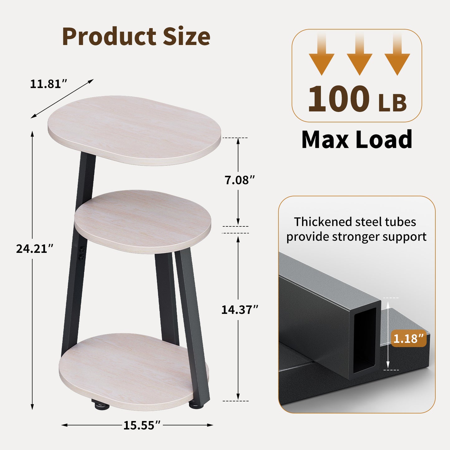Biemlerfn 3-Tier Side Table, Small Round End Table with Metal Frame, Sofa Table Nightstand for Living Room, Bedroom