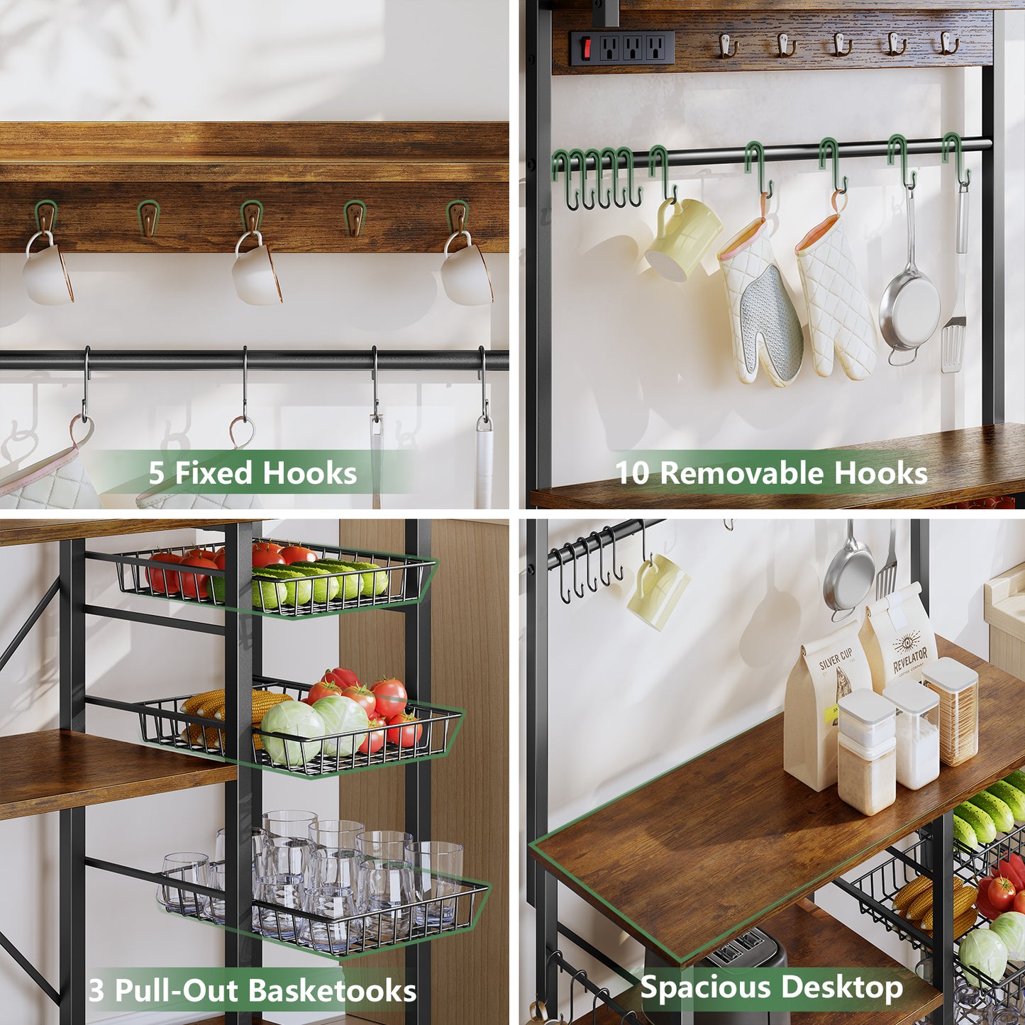 Biemlerfn 39.8" Wide Large Bakers Rack with Power Outlets, 5 Tiers Coffee Bar Table with 3 Wire Basket（Rustic Brown）