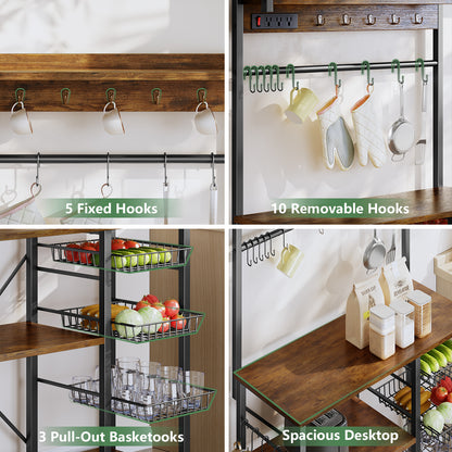 Biemlerfn 39.8" Wide Large Bakers Rack with Power Outlets, 5 Tiers Coffee Bar Table with 3 Wire Basket（Rustic Brown）