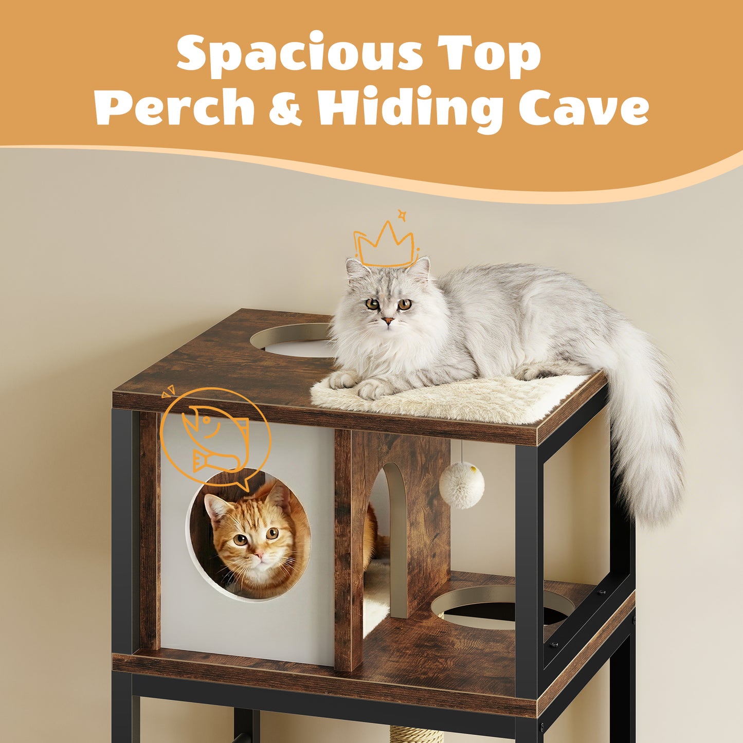 Biemlerfn 58.27" Cat Tree with Litter Box Enclosure, Multi-Level Cat Tower with Elevated Perch & Feeding Station, Scratching Post, Anti-Tip Design for Indoor Cats