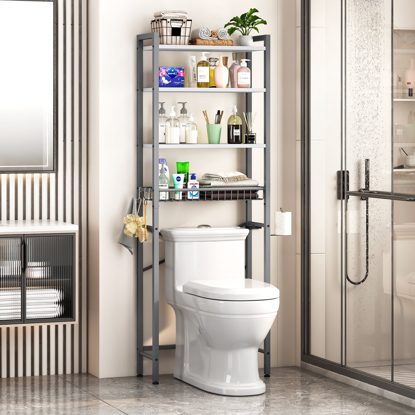 Biemlerfn Over The Toilet Storage Shelf, 4-Tier Wooden Bathroom Organizer Adjustable Saver Space Rack with Toilet Paper Holder