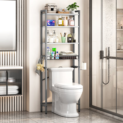 Biemlerfn Over The Toilet Storage Shelf, 4-Tier Wooden Bathroom Organizer Adjustable Saver Space Rack with Toilet Paper Holder
