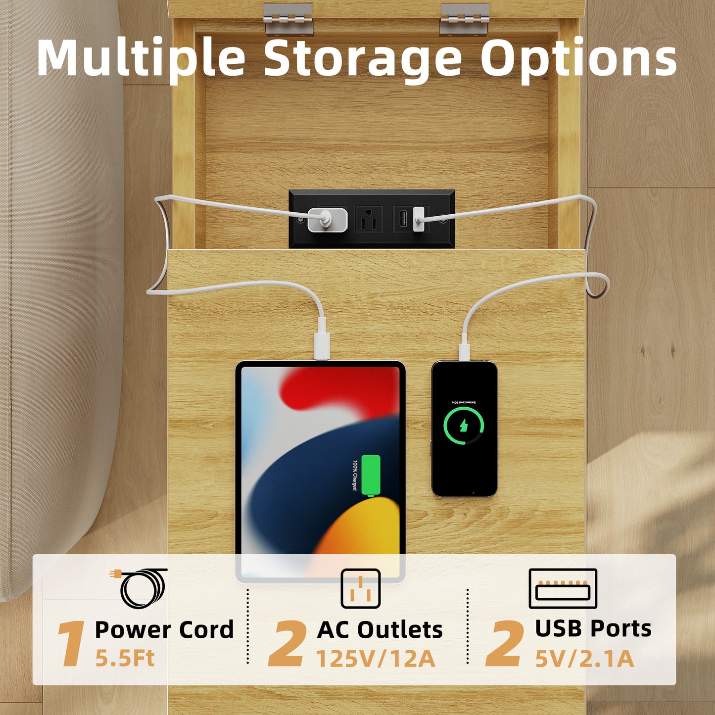 Biemlerfn 3 Drawers End Table with Charging Station, Narrow Side Table for Living Room, Sofa Side Table with Drawer and Storage Cabinet, Small Nightstand for Home Office