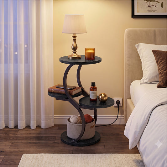 Biemlerfn 4-Tier Round Side Table, Small End Table with Metal Frame, Wood Nightstand for Patio, Sofa, Living Room & Bedroom