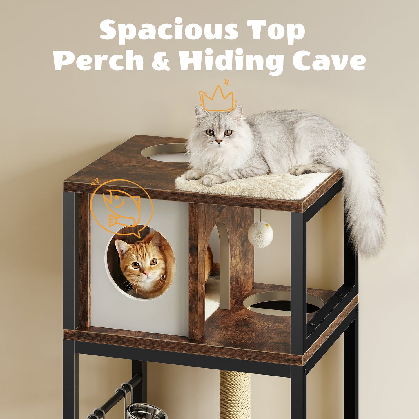 Biemlerfn 58.27" Cat Tree with Litter Box Enclosure, Multi-Level Cat Tower with Elevated Perch & Feeding Station, Scratching Post, Anti-Tip Design for Indoor Cats