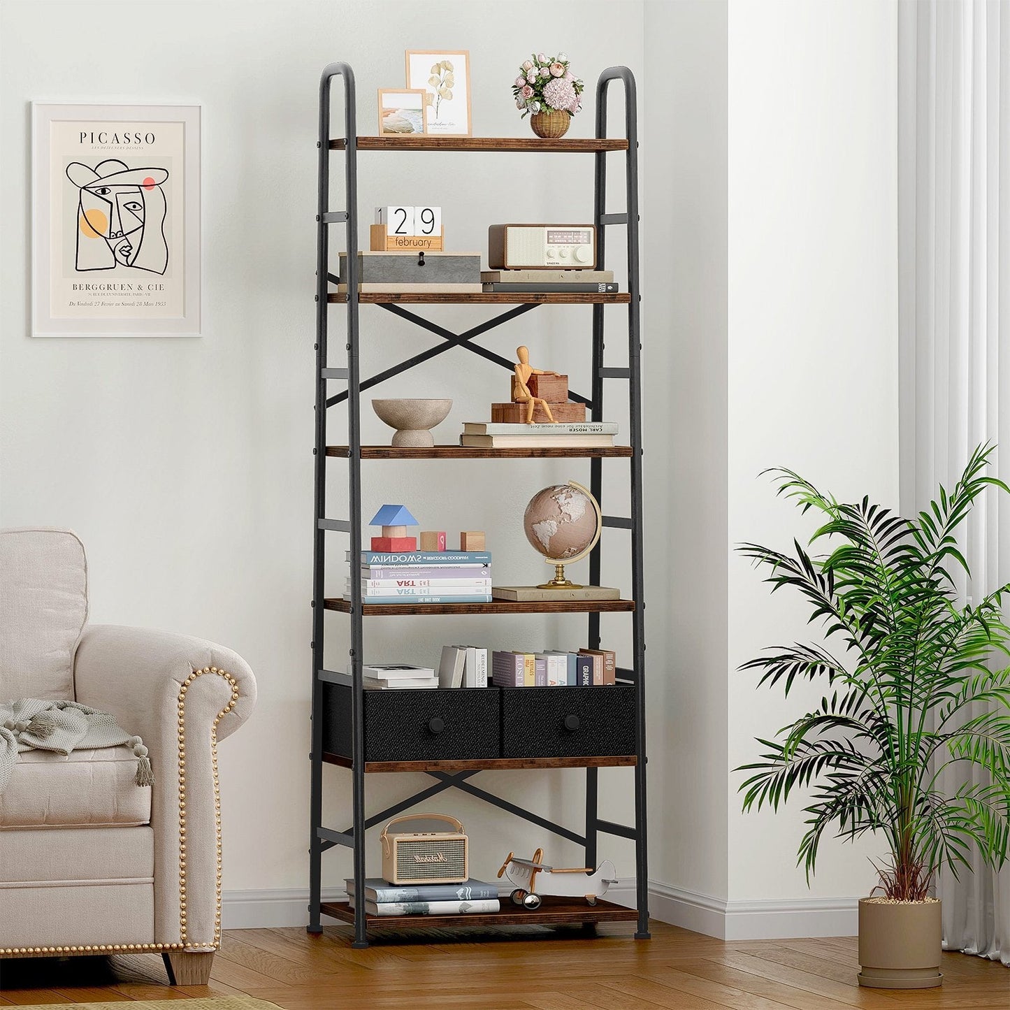 Biemlerfn 6 Tier Book Shelf, Ladder Bookcase with 2 Removable Drawers