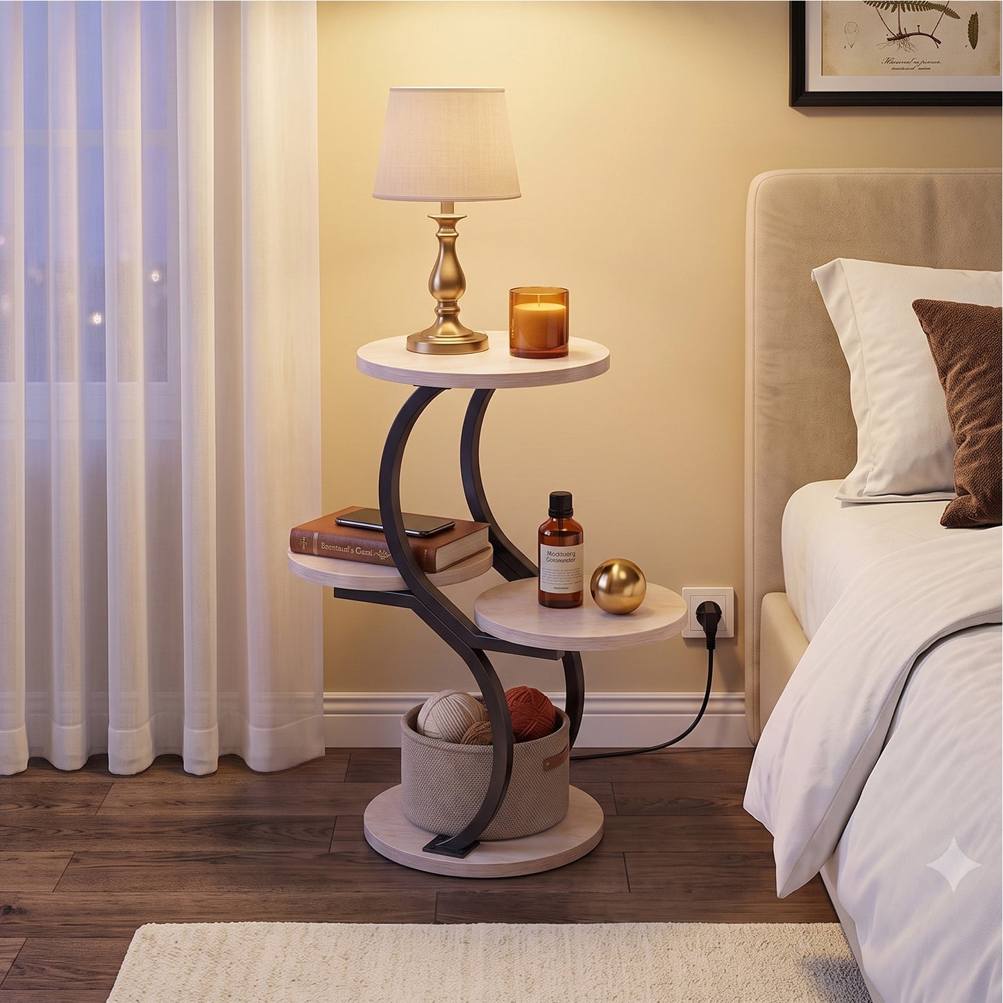 Biemlerfn 4-Tier Round Side Table, Small End Table with Metal Frame, Wood Nightstand for Patio, Sofa, Living Room & Bedroom