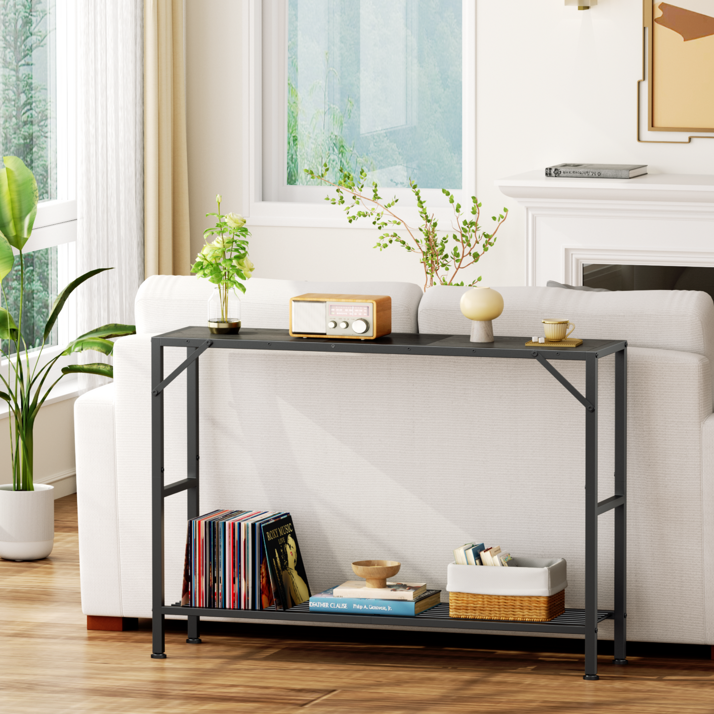 Biemlerfn Narrow Console Table, 11.22" Entryway Table Hallway Table with Storage Shelves, Sofa Table for Living Room, Foyer, Oak Gray