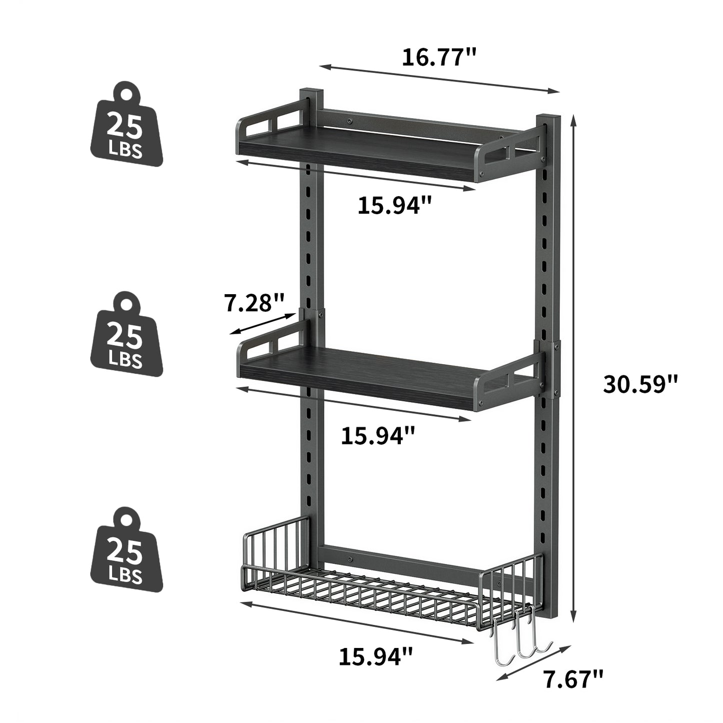 Biemlerfn 3 Tier Bathroom Shelves Over Toilet - Wall Mounted Floating Shelves with Drain Basket, Height Adjustable Over The Toilet Storage，（Black）