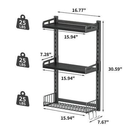 Biemlerfn 3 Tier Bathroom Shelves Over Toilet - Wall Mounted Floating Shelves with Drain Basket, Height Adjustable Over The Toilet Storage，（Black）