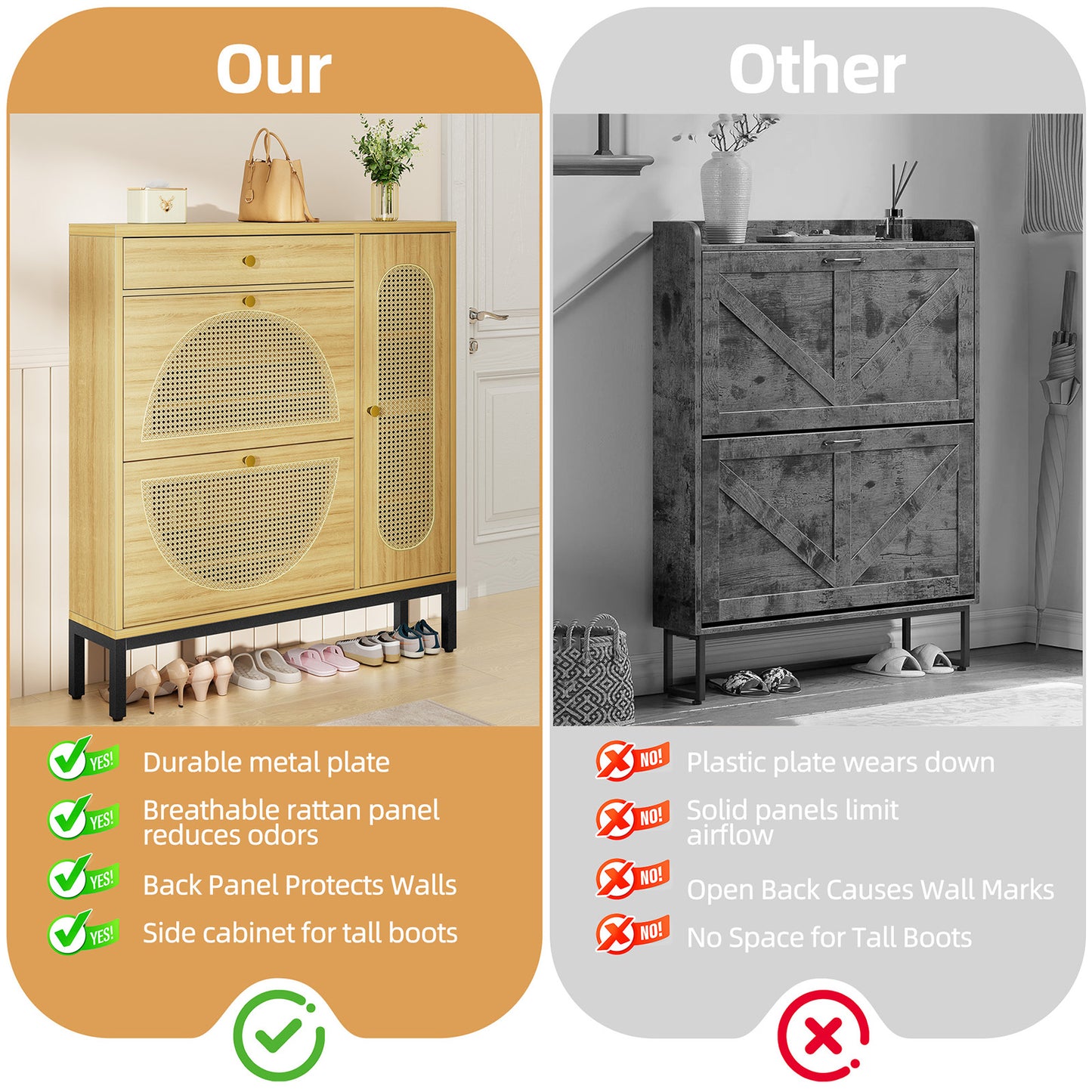 Biemlerfn Shoe Cabinet Storage with 2 Flip Drawers, Free Standing Wooden Shoe Storage Organizer Cabinet with Rattan Doors for Entryway