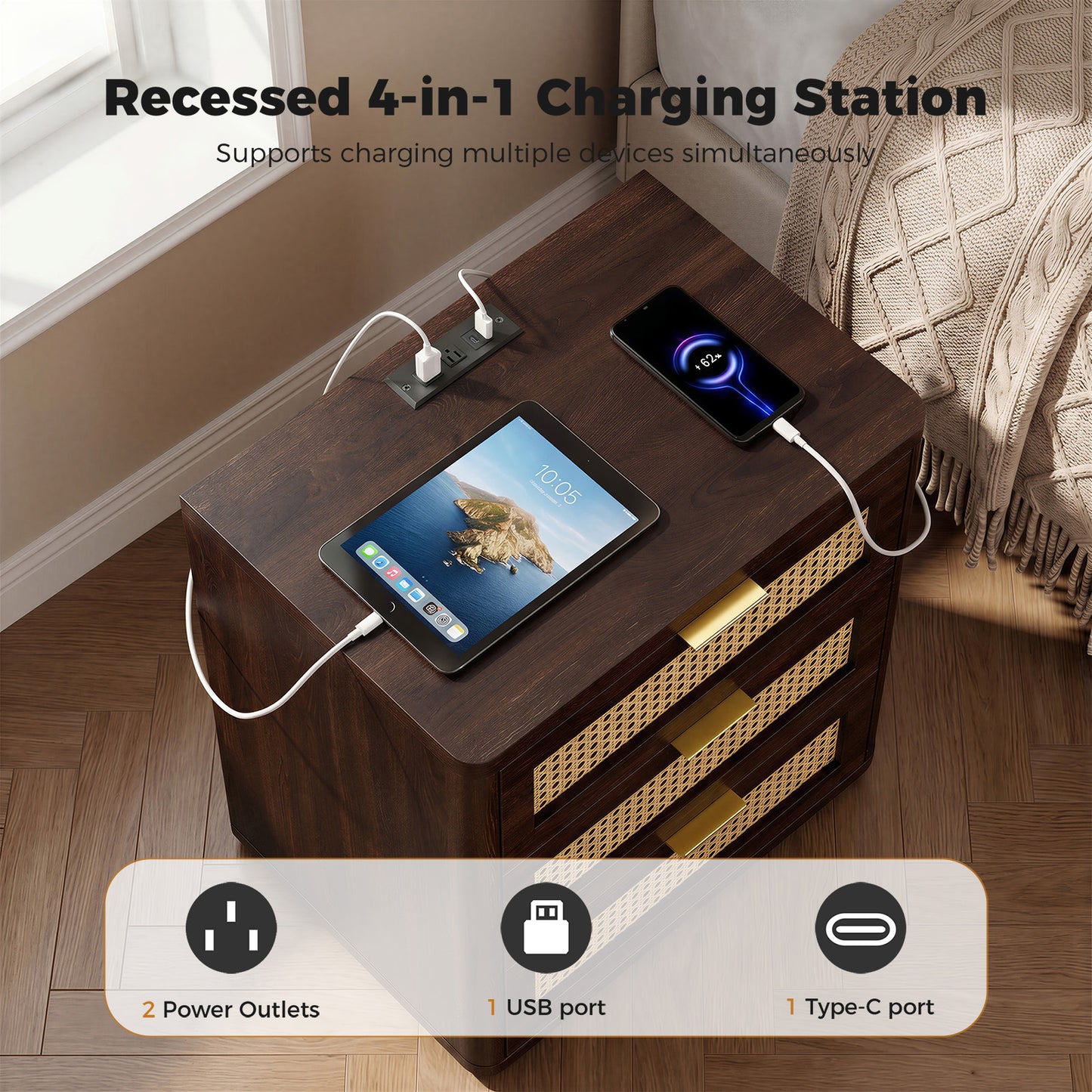 Biemlerfn Night Stand with Charging Station, 3 Drawers Bedside Table, Rattan End Table, Wood Dresser Organizer for Bedroom, Living Room