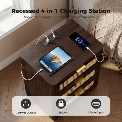 Biemlerfn Night Stand with Charging Station, 3 Drawers Bedside Table, Rattan End Table, Wood Dresser Organizer for Bedroom, Living Room