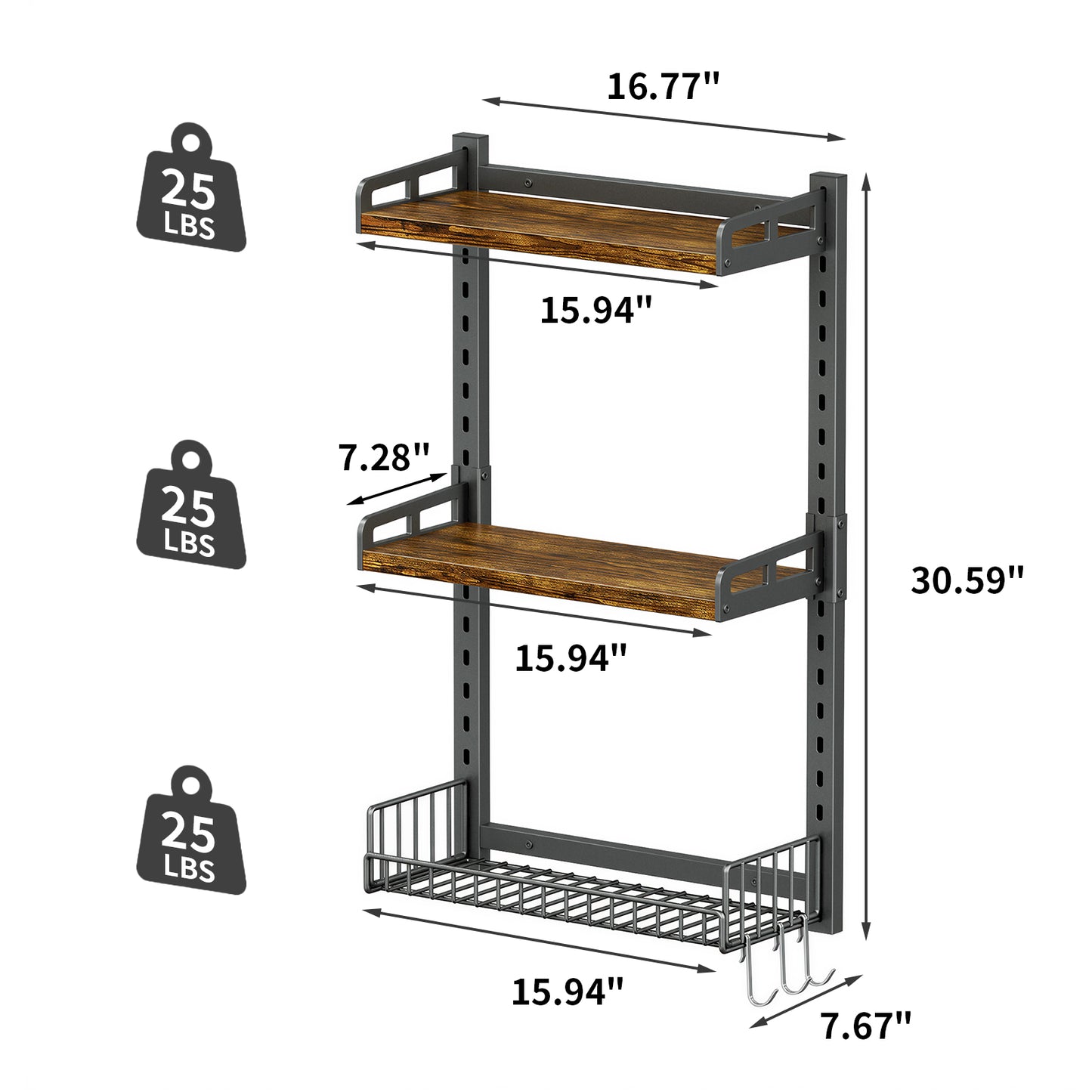 Biemlerfn 3 Tier Bathroom Shelves Over Toilet - Wall Mounted Floating Shelves with Drain Basket, Vintage Brown, Height Adjustable Over The Toilet Storage,,