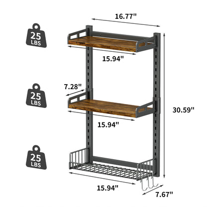 Biemlerfn 3 Tier Bathroom Shelves Over Toilet - Wall Mounted Floating Shelves with Drain Basket, Vintage Brown, Height Adjustable Over The Toilet Storage,,