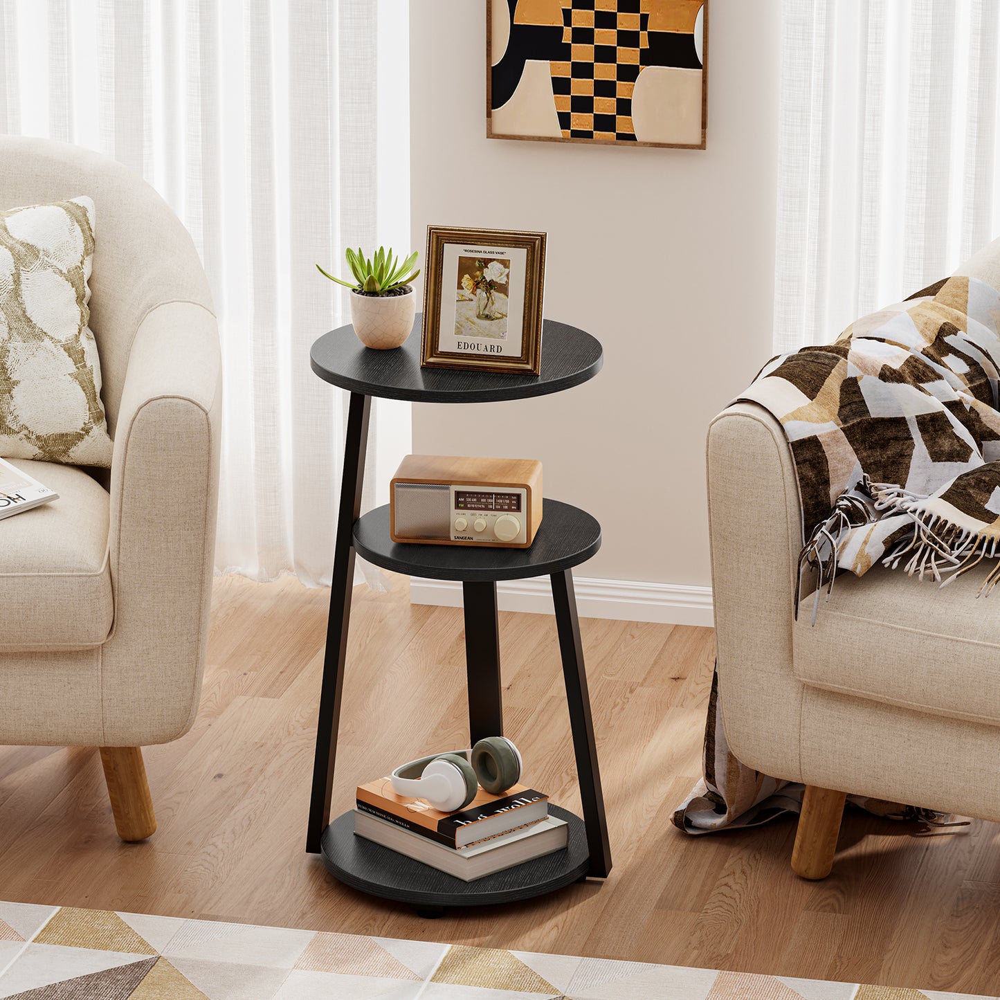 Biemlerfn End Side Table, Round Sofa Table with Metal Frame, 3-Tier Coffee Table Nightstand for Home