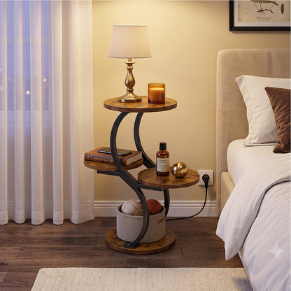 Biemlerfn 4-Tier Round Side Table, Small End Table with Metal Frame, Wood Nightstand for Patio, Sofa, Living Room & Bedroom