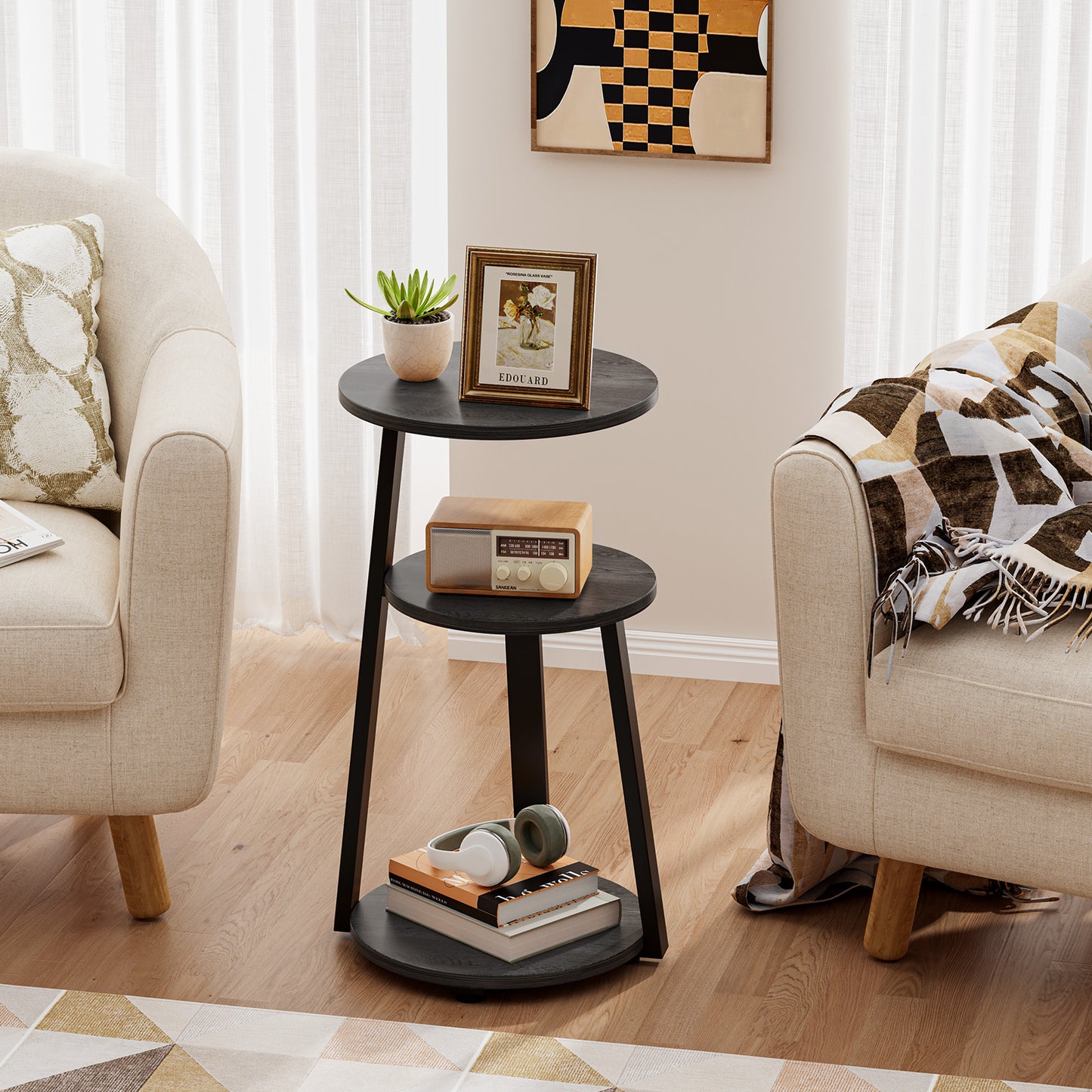 Biemlerfn End Side Table, Round Sofa Table with Metal Frame, 3-Tier Coffee Table Nightstand for Home