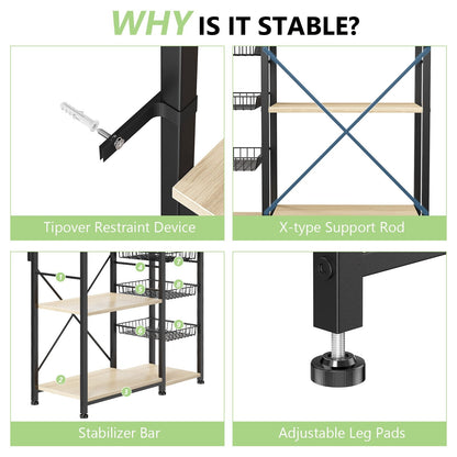 Biemlerfn 39.8" Wide Large Bakers Rack with Power Outlets, 5 Tiers Coffee Bar Table with 3 Wire Basket