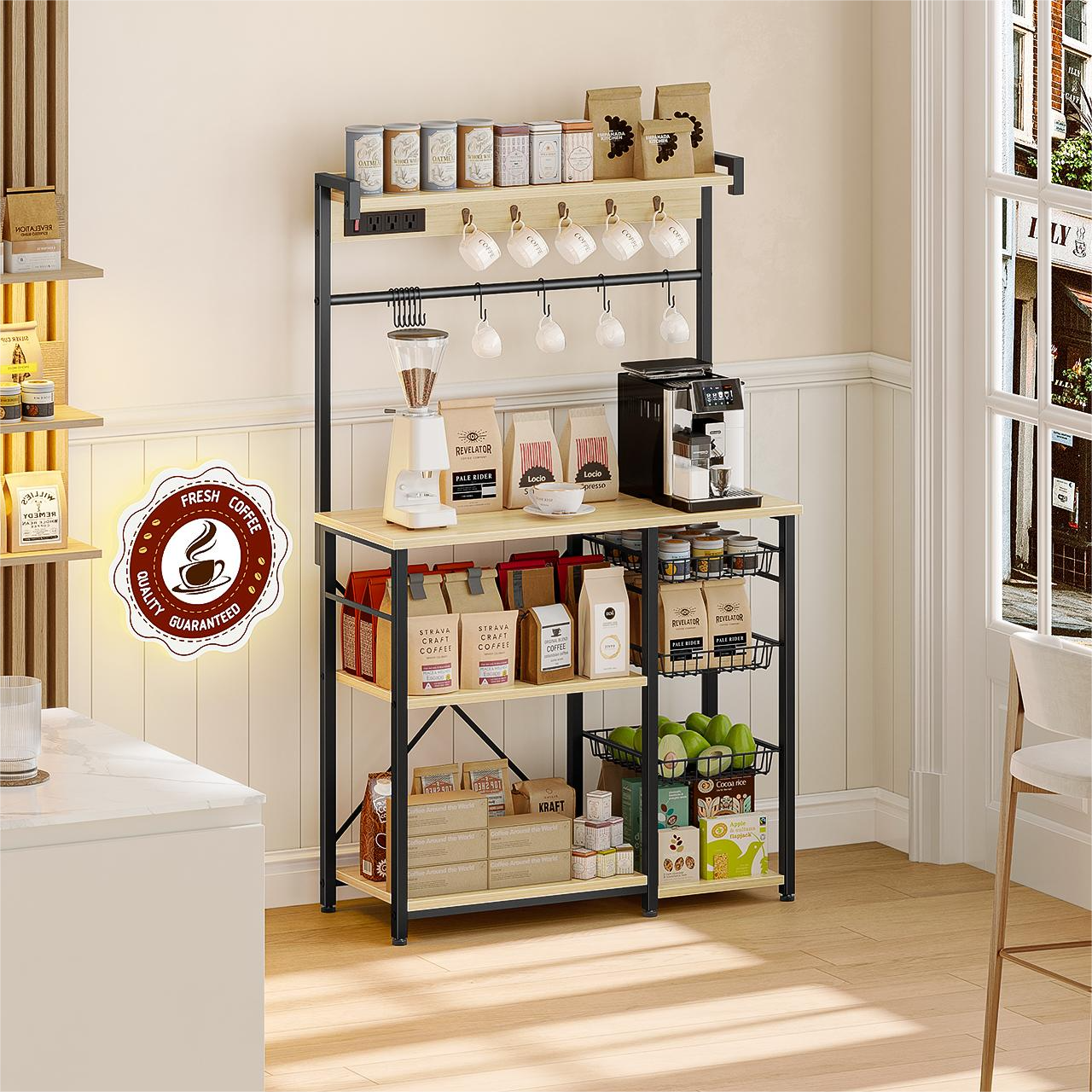 Biemlerfn 39.8" Wide Large Bakers Rack with Power Outlets, 5 Tiers Coffee Bar Table with 3 Wire Basket（White Oak）