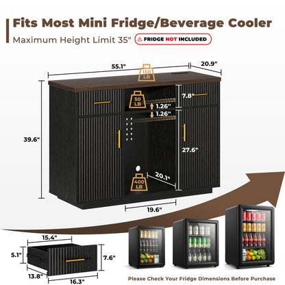Biemlerfn 55" Coffee Bar Cabinet with Mini Fridge Space, Sideboard Buffet Table & Liquor Cabinet with Power Outlet, Kitchen Hutch with Wine Glass Holder
